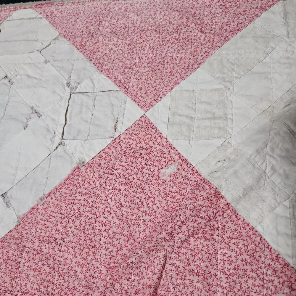 Vtg Hand pieced patchwork quilt 80X80 Chimney sweep design damage stains READ